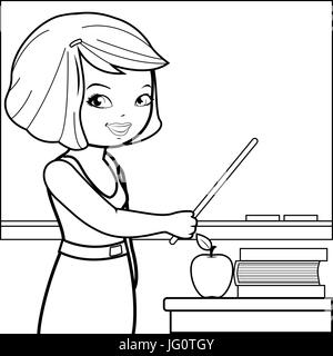 Teacher teaching at class. Coloring book page. Stock Vector