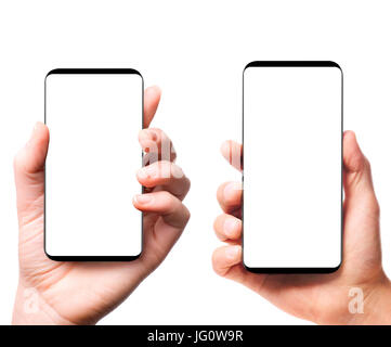Modern bezelless smartphones in hands Stock Photo
