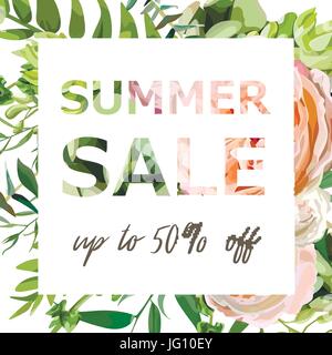 Summer sale vector banner, poster background with pink garden rose flowers, eucalyptus succulent, greenery herb mix. Elegant Illustration template lay Stock Vector