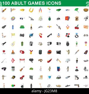 100 adult games icons set, cartoon style Stock Vector