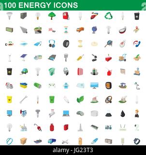 100 energy icons set, cartoon style Stock Vector
