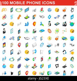 100 mobile phone icons set, isometric 3d style Stock Vector