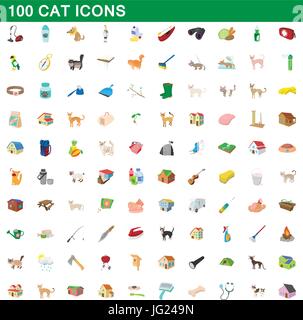 100 cat icons set, cartoon style Stock Vector