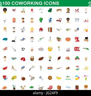 100 coworking icons set, cartoon style Stock Vector