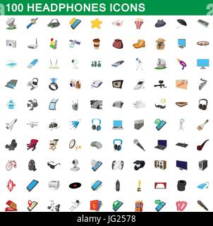 100 headphones icons set, cartoon style Stock Vector