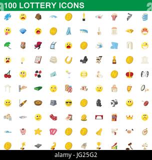 100 lottery icons set, cartoon style Stock Vector