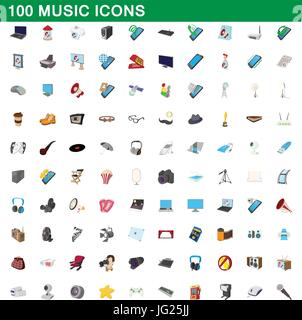 100 music icons set, cartoon style Stock Vector