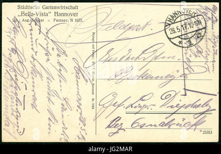 Karl F. Wunder PC 1168 Städtische Gartenwirtschaft  Bella-Vista  Hannover Inh. Aug. Seeger Fernspr. N 1677 Adressseite 1917 Feldpost Freund und Kamerad Diepelmann an Berkemeyer ... in Gefangenenla 0168 Stock Photo