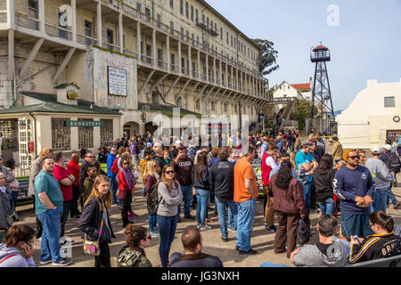 people, tourists, visitors, orientation, Alcatraz Prison, United States Penitentiary, Alcatraz Island, San Francisco Bay, San Francisco, California Stock Photo