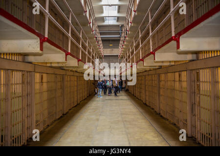 people, tourists, cellblock, cellhouse, Alcatraz Prison, United States Penitentiary, Alcatraz Island, San Francisco Bay, San Francisco, California Stock Photo