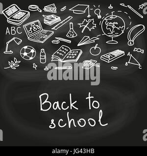 Back to school. school pack on black chalk board. hand drawn objects. Eraser, globe, goggles, graduate, lamp, laptop, notes, pen, pencil, pin. Text. F Stock Vector