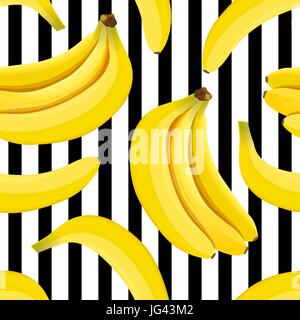 Banana seamless pattern vector. Bunch of Ripe bananas on a striped black and white background. Summer print. For textile, decoration, wrapping, food d Stock Vector