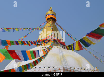 Flags lunghta on The Great stupa Bodnath in Kathmandu Stock Photo