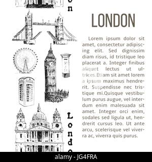 London architectural symbols. vertical stripe with description text. Big Ben, Tower Bridge, bus, mail box, call box. vector sketch illustration. For t Stock Vector