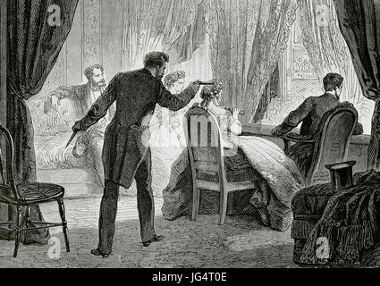 Abraham Lincoln (1809-1865). American Politician and lawyer.16th President of the United States. Assassination of President Abraham Lincoln by John Wilkes Booth (1838-1865) at Ford's Theatre in Washington, D.C. on April 14, 1865. Engraving. Stock Photo