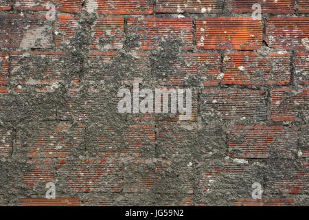 Brick wall partly covered with cement. Background texture. Stock Photo