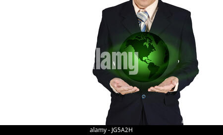 Young businessman holding green earth planet in hand standing isolated on white background. Elements of this image are furnished by NASA Stock Photo