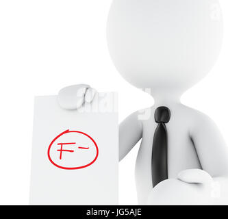 3d illustration. White people, teacher with f grade test. Fail symbol, education concept. Isolated white background Stock Photo