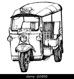 Vector representation of Tuk-Tuk in Thailand (hand drawing) Stock Vector