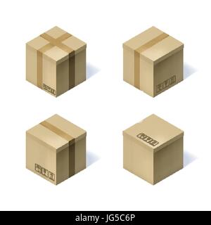 Set of four isometric cardboard boxes isolated on white. Stock Vector