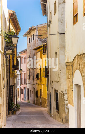 Colorful street in the historic old town of Requena, Spain Stock Photo