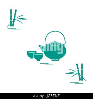 Stylized icon of the teapot with two cups and bamboo. Tea ceremony. Design for banner, poster or print. Stock Vector