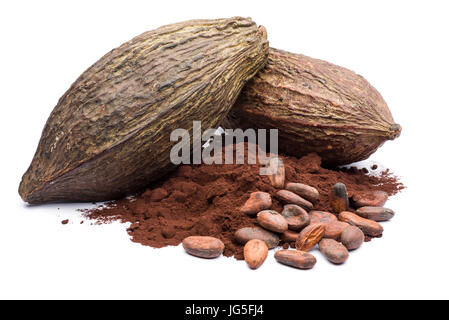 heap of dark cocoa powder with cocoa beans on white background Stock Photo