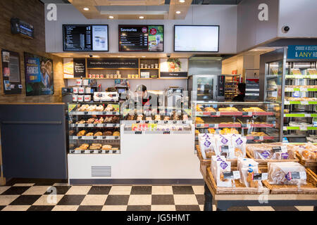 interior of Greggs Drive Thru bakery  Irlam Gateway Service Station, Liverpool Rd, Irlam, Eccles, Manchester . Stock Photo