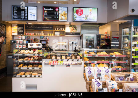 interior of Greggs Drive Thru bakery  Irlam Gateway Service Station, Liverpool Rd, Irlam, Eccles, Manchester . Stock Photo