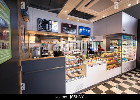 interior of Greggs Drive Thru bakery  Irlam Gateway Service Station, Liverpool Rd, Irlam, Eccles, Manchester . Stock Photo