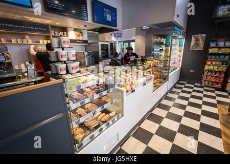 interior of Greggs Drive Thru bakery  Irlam Gateway Service Station, Liverpool Rd, Irlam, Eccles, Manchester . Stock Photo