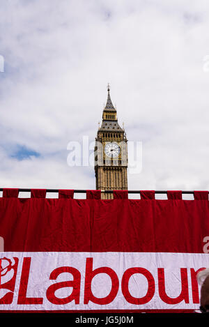 Labour banner and Big Ben, Not One Day More - Tories Out National Demonstration, London, UK, 1st July 2017 Stock Photo