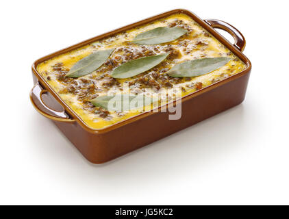 bobotie is a curry flavored meatloaf with baked egg on top. Stock Photo