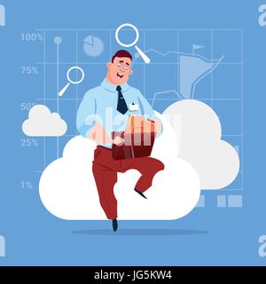 Business Man Sitting On Cloud Search Data In Database Storage Stock Vector