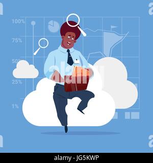 African American Business Man Sitting On Cloud Search Data In Database Storage Stock Vector