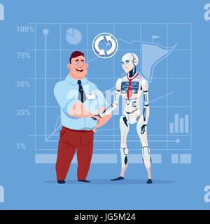 Business Man And Modern Robot Shaking Hands Artificial Intelligence Cooperation Concept Stock Vector