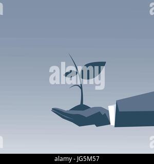 Business Man Hand Holding Plant Project Growth Concept Stock Vector