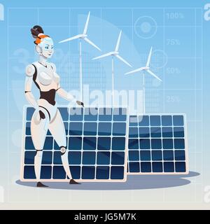 Modern Robot Female Over Wind Turbine And Solar Panels Renewable Energy Artificial Intelligence Technology Concept Stock Vector