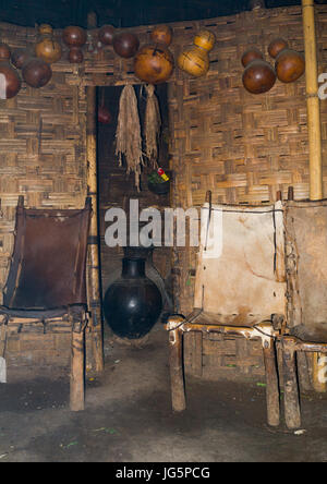 Inside a traditional Dorze house made of bamboo and enset leaves, Gamo Gofa Zone, Gamole, Ethiopia Stock Photo