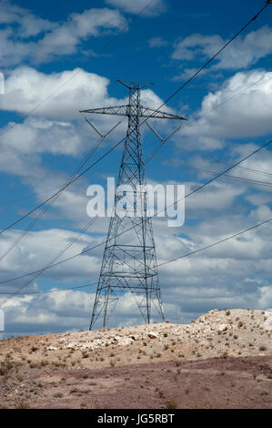 Power lines in desert Stock Photo