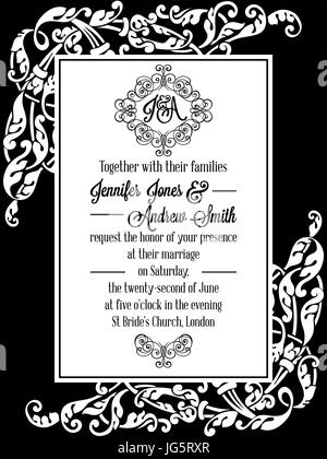 Damask victorian exquisite frame design for wedding invitation in black and white. Floral swirls baroque elemets with monogram header. Stock Vector