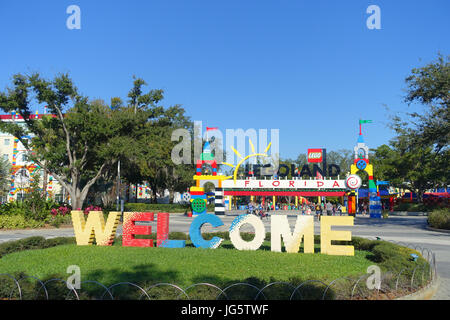 HOUSTON, USA - JANUARY 12, 2017: Welcome sign in the main entrance to Legoland. Legoland is a theme park based on the popular LEGO brand of building t Stock Photo