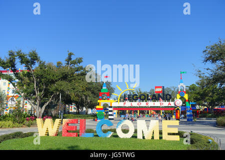 HOUSTON, USA - JANUARY 12, 2017: Welcome sign in the main entrance to Legoland. Legoland is a theme park based on the popular LEGO brand of building t Stock Photo