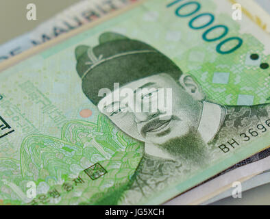 Portraits on banknotes. Korean King on Korea 10,000 won bill. Stock Photo