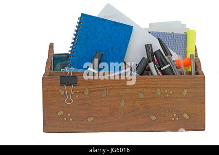 Wood stationery box with gold pattern inlay Stock Photo