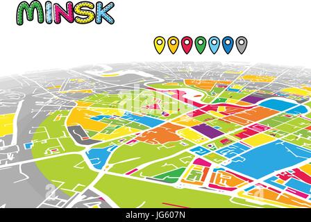 Minsk, Belarus, Downtown 3D Vector Map of Famous Streets. Bright foreground full of colors. White Streets, Waterways and grey background areal. White  Stock Vector