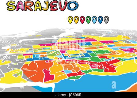 Sarajevo Downtown 3D Vector Map of Famous Streets. Bright foreground full of colors. White Streets, Waterways and grey background areal. White Horizon Stock Vector