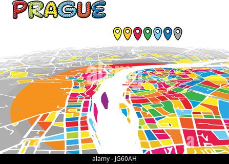 Prague, Czech Republic, Downtown 3D Vector Map of Famous Streets. Bright foreground full of colors. White Streets, Waterways and grey background areal Stock Vector