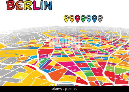 Berlin, Germany, Downtown 3D Vector Map of Famous Streets. Bright foreground full of colors. White Streets, Waterways and grey background areal. White Stock Vector