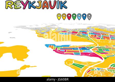 Reykjavik, Iceland, Downtown 3D Vector Map of Famous Streets. Bright foreground full of colors. White Streets, Waterways and grey background areal. Wh Stock Vector